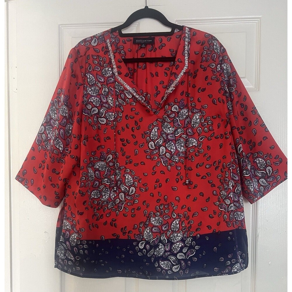 Jones New York 1X Blouse Red Navy Paisley Beaded Embroidered Career Casual EUC
